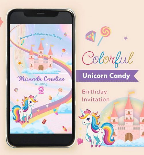 Unicorn Candy Kids Birthday Invitation