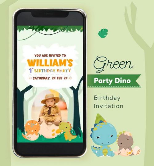 Invitera Baby Animated Dino Green Invitation