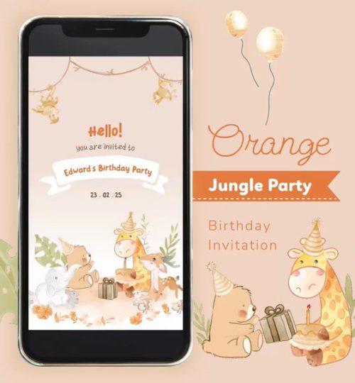 Orange Jungle Animal Birthday Invitation