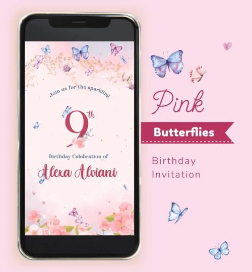 Birthday Invitation Pink Butterflies