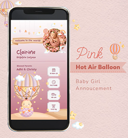 Baby Girl Announcement Digital Pink Hot Air Balloon