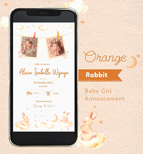 Baby Girl Announcement Digital Orange Rabbitu